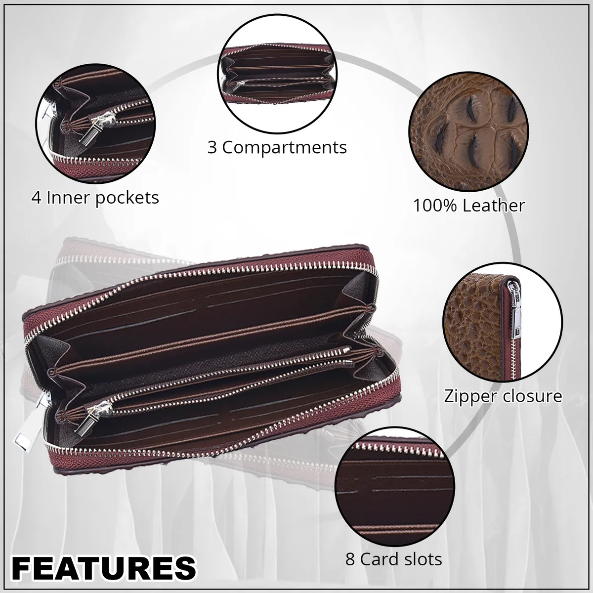 3D Embossed Genuine Leather Wallet With Single Zipped