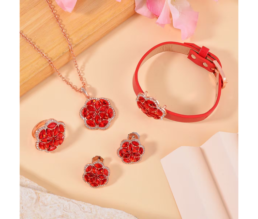 Blossom 4-Piece Crystal Jewelry Set - Necklace, Bracelet, Earrings & Ring
