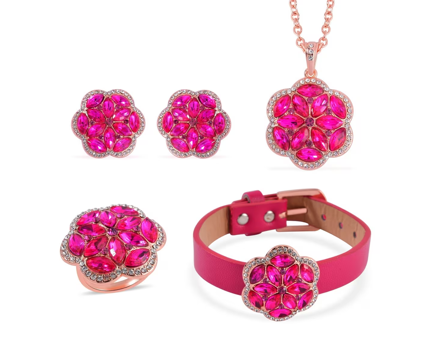 Blossom 4-Piece Crystal Jewelry Set - Necklace, Bracelet, Earrings & Ring