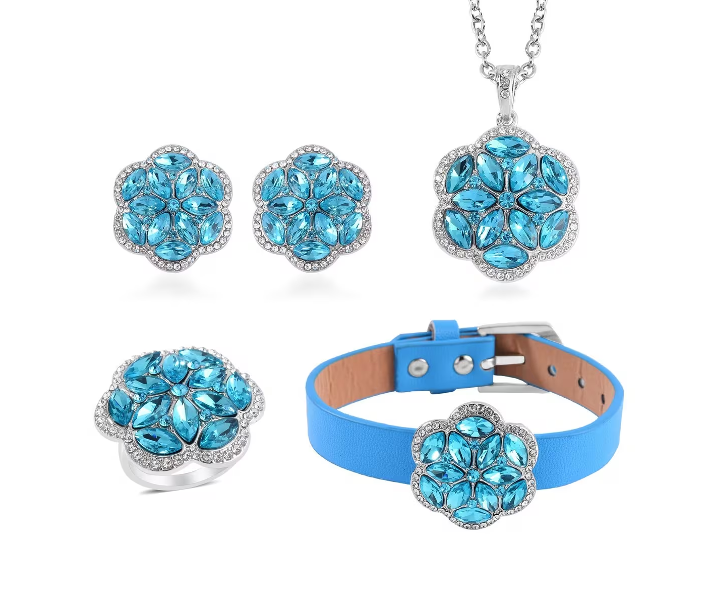 Blossom 4-Piece Crystal Jewelry Set - Necklace, Bracelet, Earrings & Ring