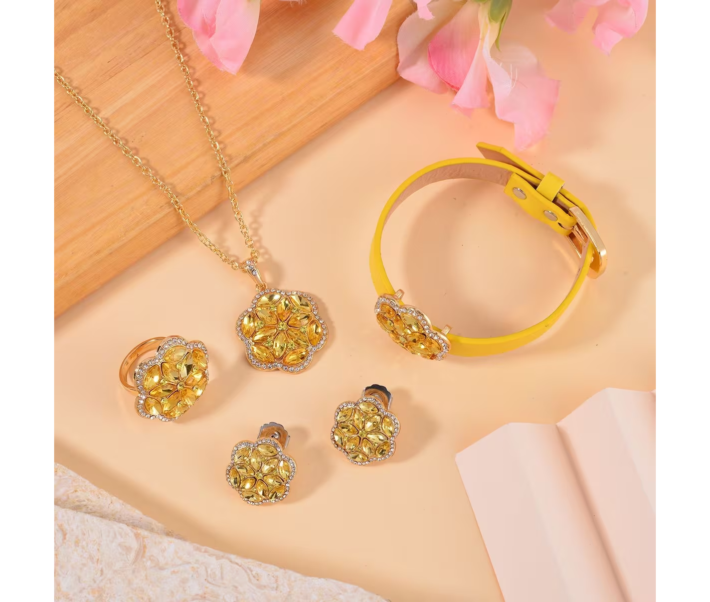 Blossom 4-Piece Crystal Jewelry Set - Necklace, Bracelet, Earrings & Ring