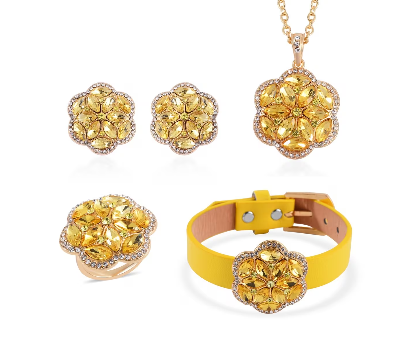 Blossom 4-Piece Crystal Jewelry Set - Necklace, Bracelet, Earrings & Ring