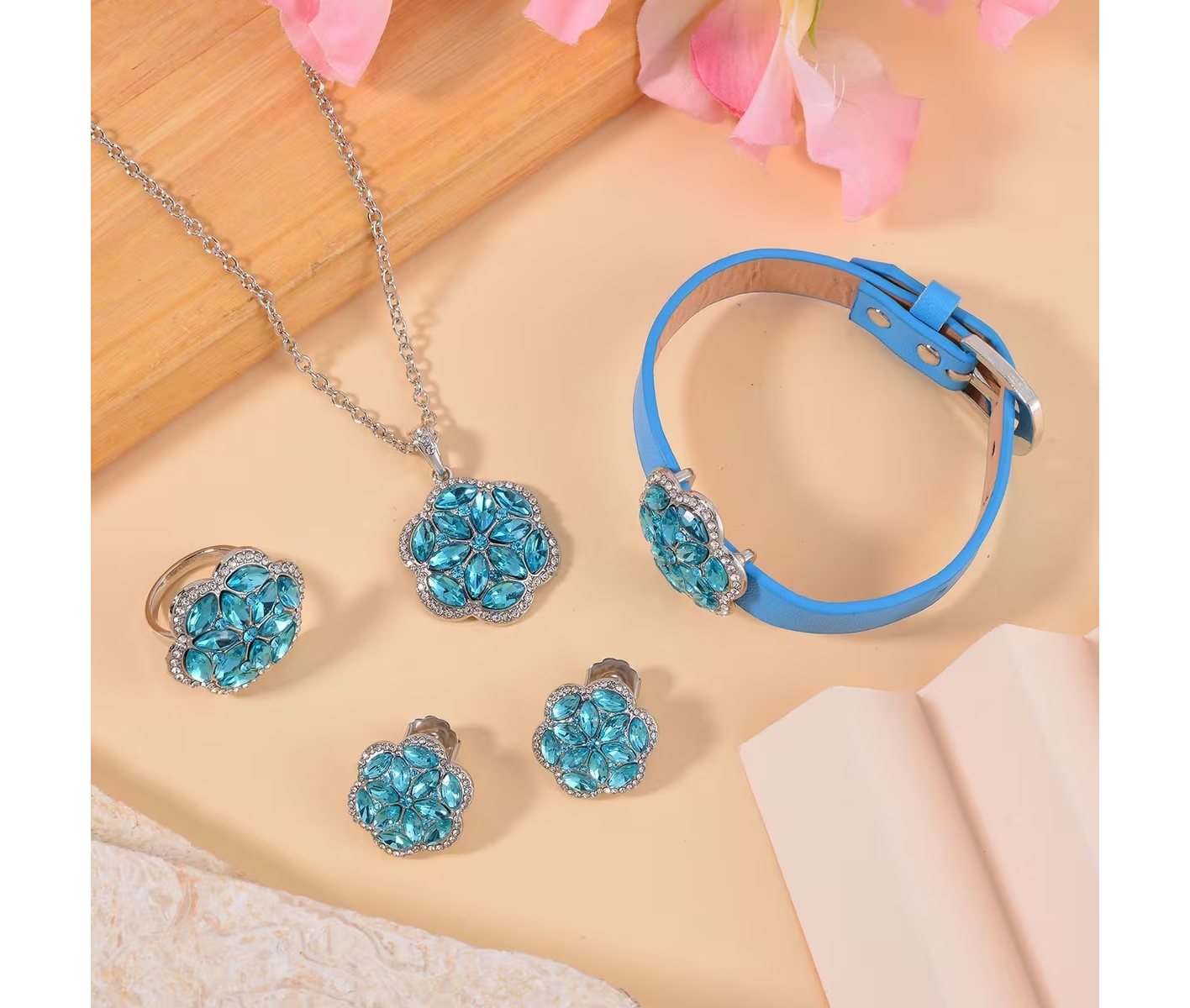 Blossom 4-Piece Crystal Jewelry Set - Necklace, Bracelet, Earrings & Ring