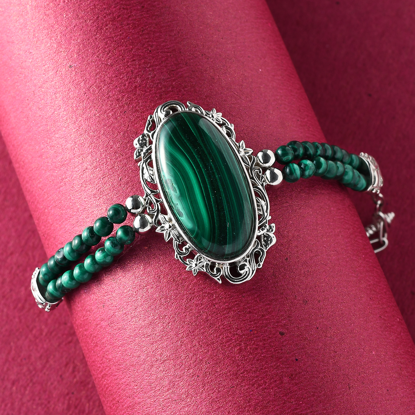 African Malachite Clasp Bracelet in Platinum