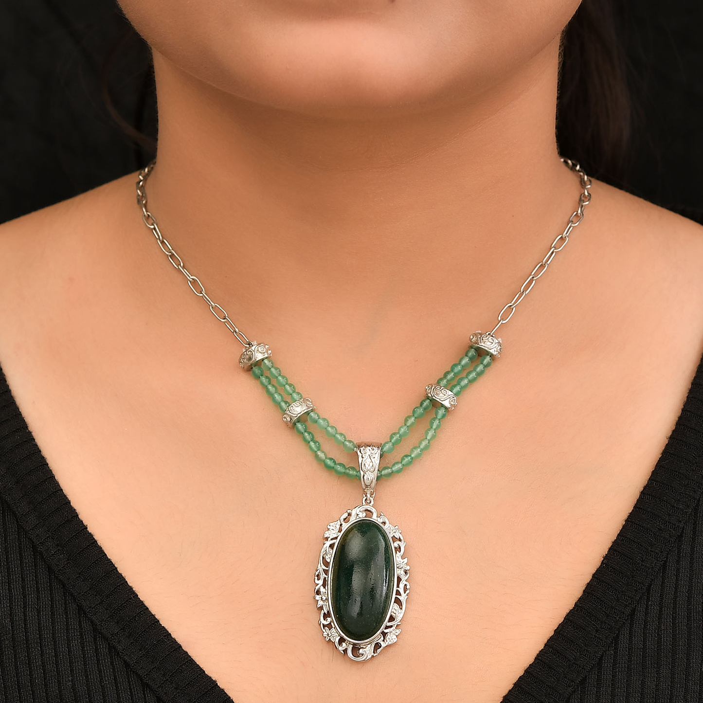 Green Aventurine and Green Onyx Paper Clip Necklace