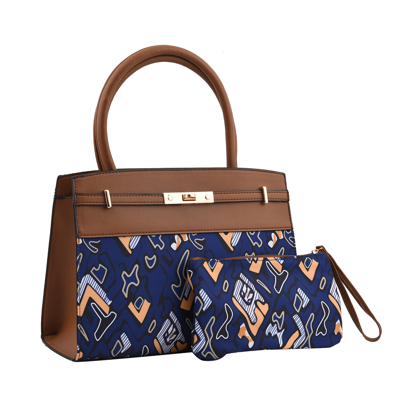 Brown and Blue Faux Leather Tote Bag and Clutch