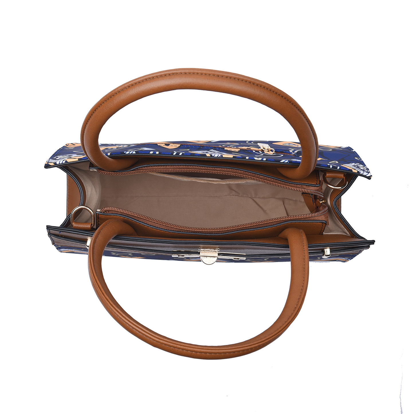Brown and Blue Faux Leather Tote Bag and Clutch