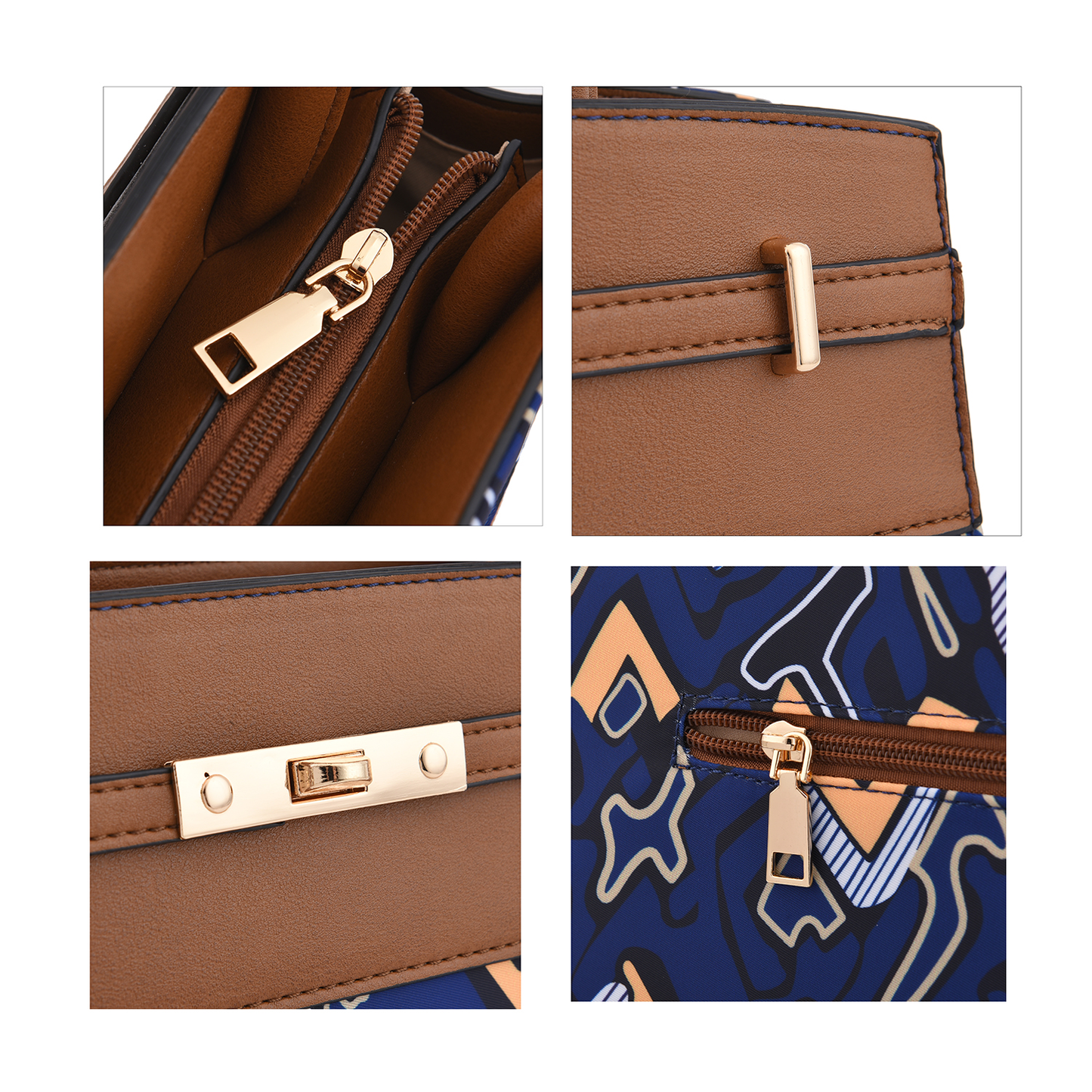 Brown and Blue Faux Leather Tote Bag and Clutch