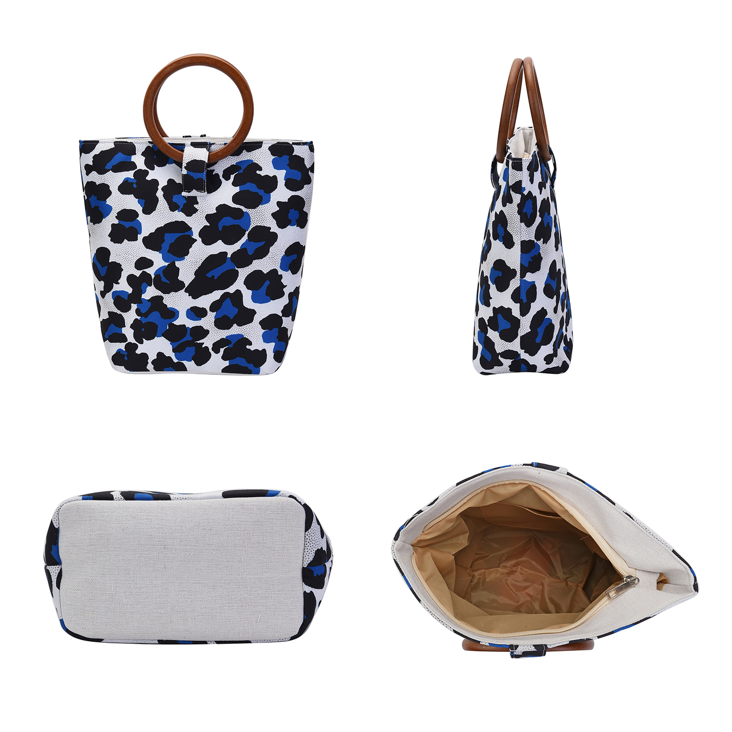 Blue, White and Black Leopard Skin Print Tote Bag with Wooden Handle