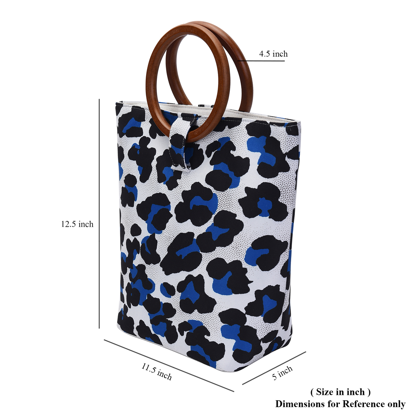 Blue, White and Black Leopard Skin Print Tote Bag with Wooden Handle