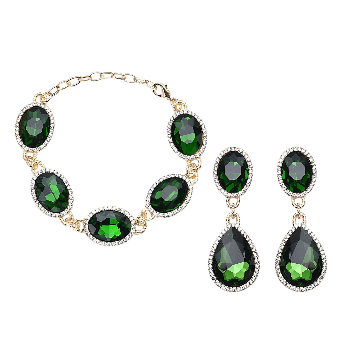 Simulated Diopside and Austrian Crystal Link Bracelet (7.0-9.0In) and Earrings