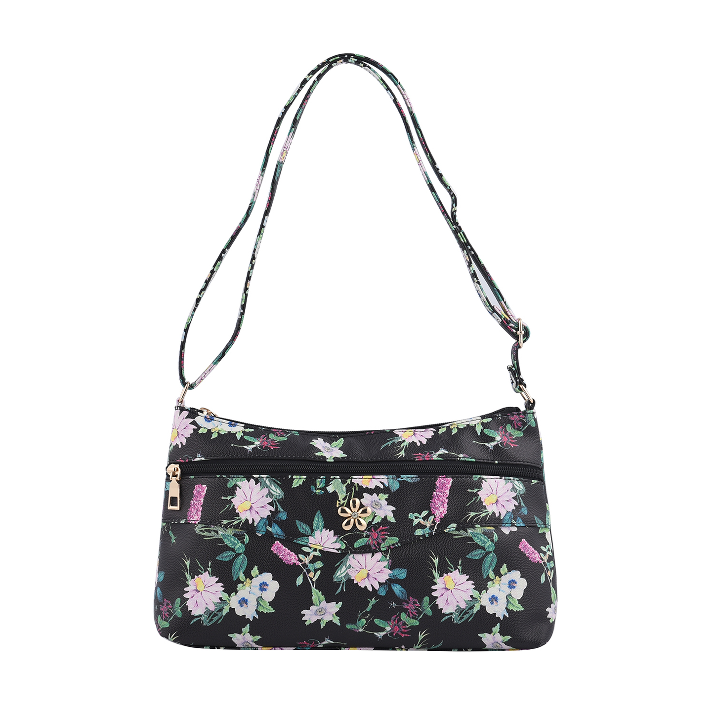 Faux Leather Crossbody Bag with Metal Flower