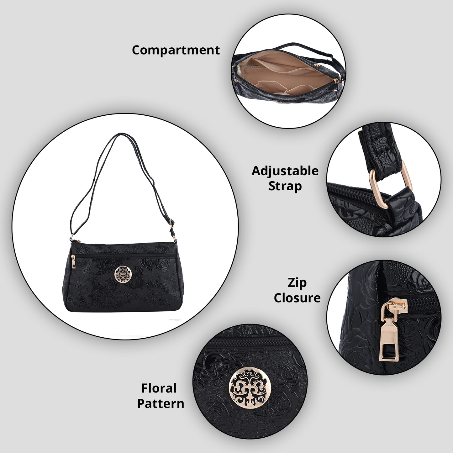 Rose Embossed Faux Leather Crossbody Bag