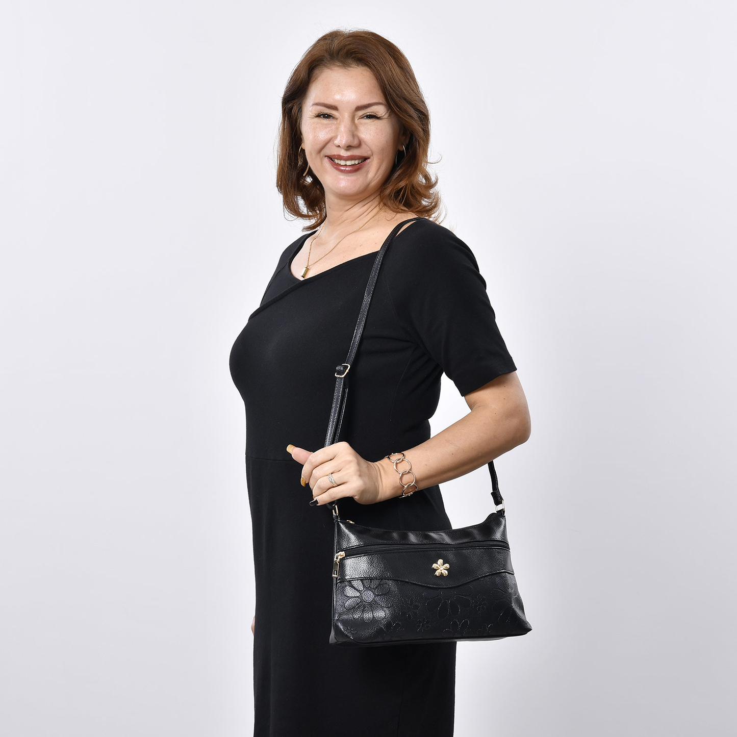 Faux Leather Crossbody Bag with Metal Flower