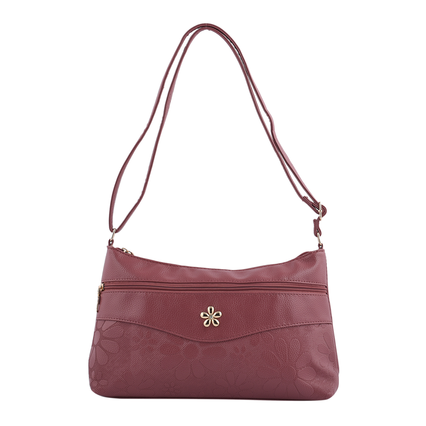 Faux Leather Crossbody Bag with Metal Flower