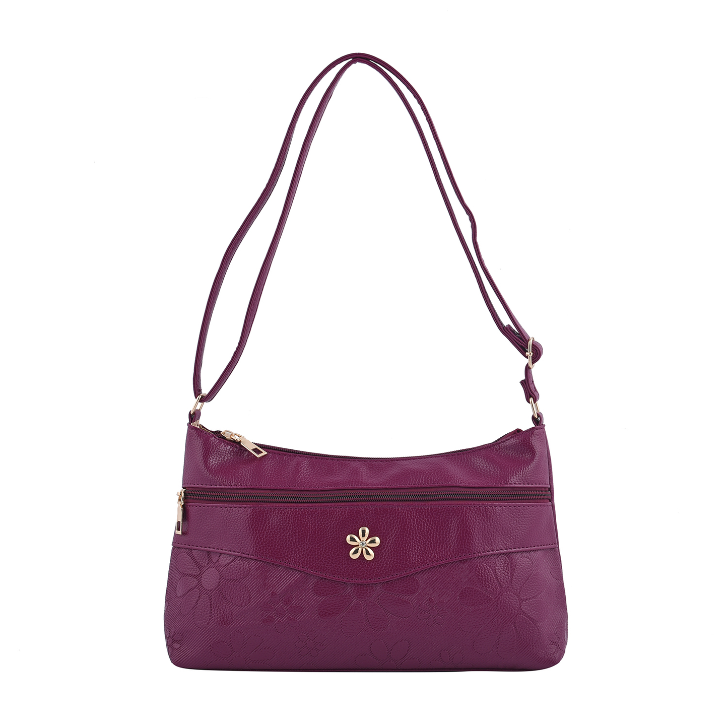 Faux Leather Crossbody Bag with Metal Flower
