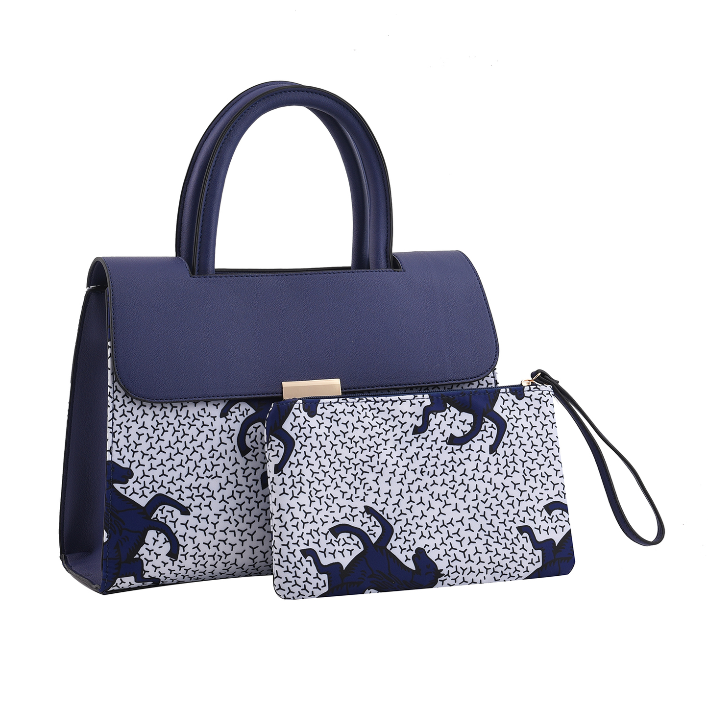 Set of 2 White and Blue Horse Pattern Nylon, Faux Leather Tote Bag and Clutch