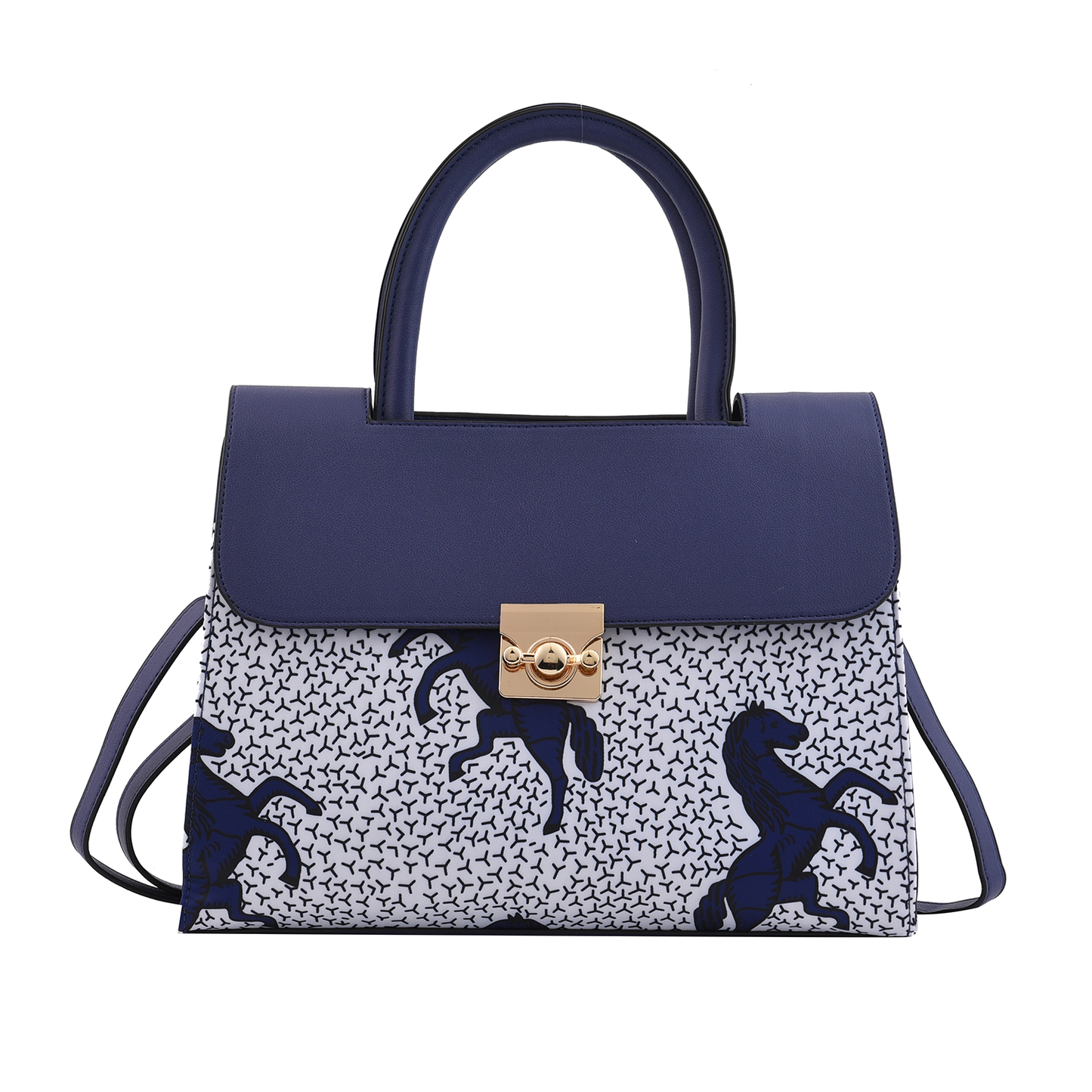 Set of 2 White and Blue Horse Pattern Nylon, Faux Leather Tote Bag and Clutch