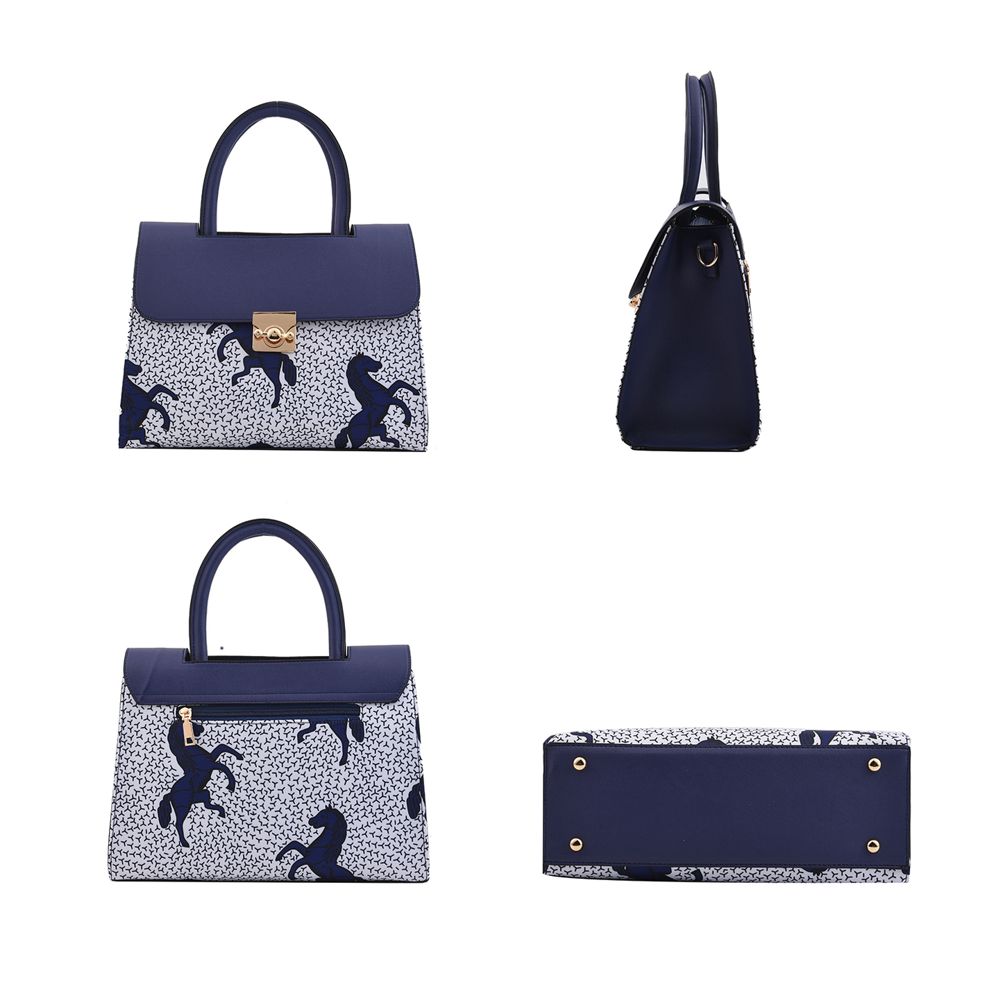 Set of 2 White and Blue Horse Pattern Nylon, Faux Leather Tote Bag and Clutch