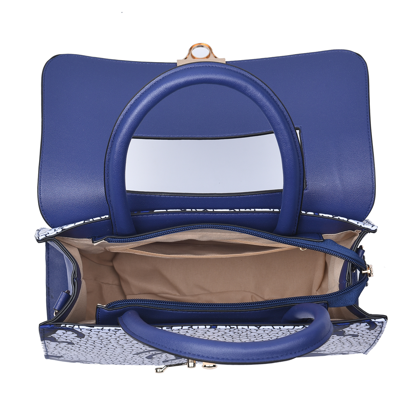 Set of 2 White and Blue Horse Pattern Nylon, Faux Leather Tote Bag and Clutch