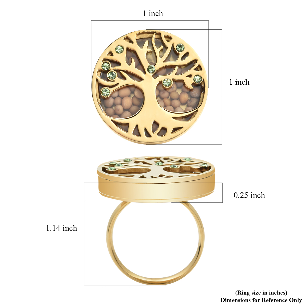 Simulated Green Diamond and Mustard Seed Tree of Life Ring in Gold
