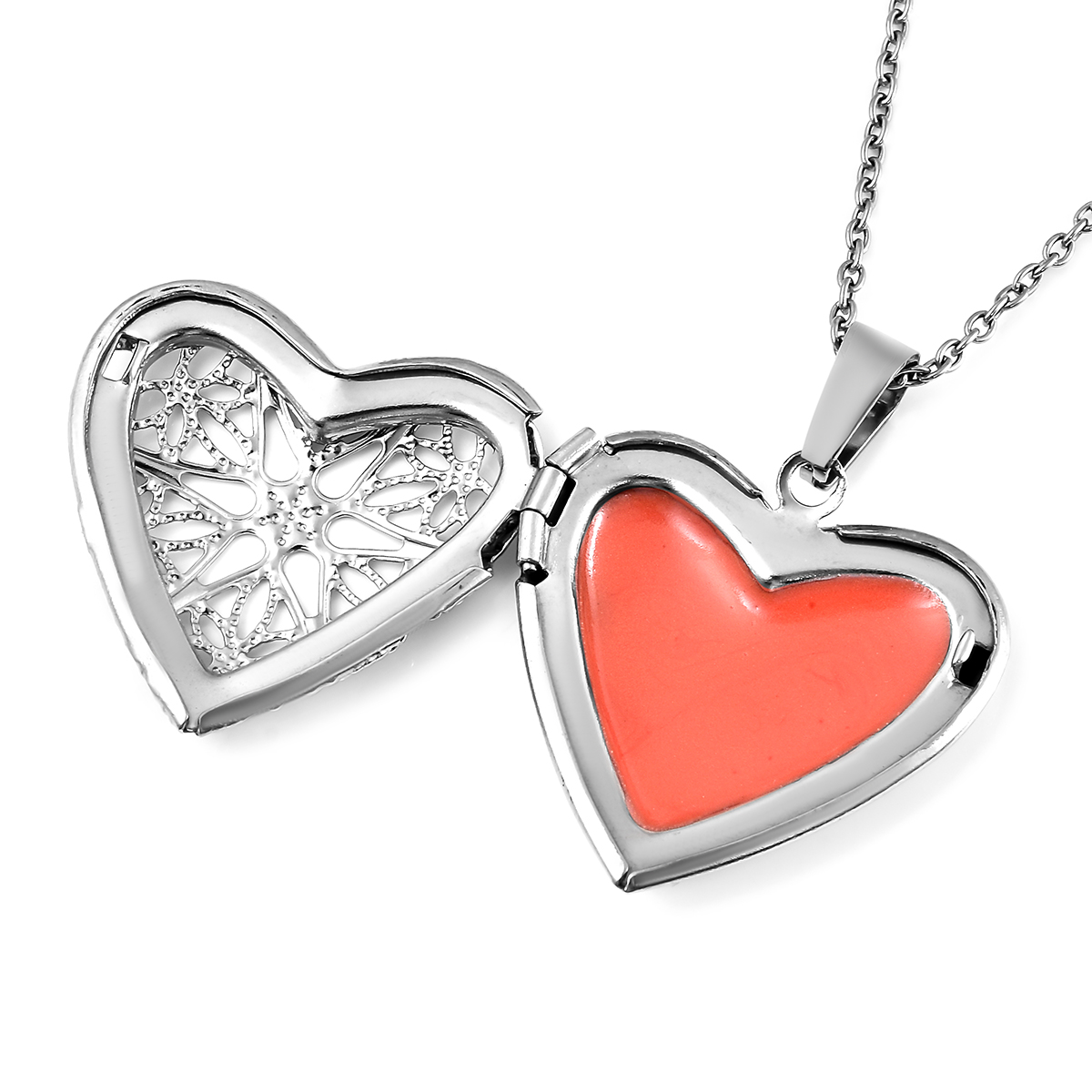 Red Resin Openable Heart Pendant Necklace 20 Inches in Stainless Steel