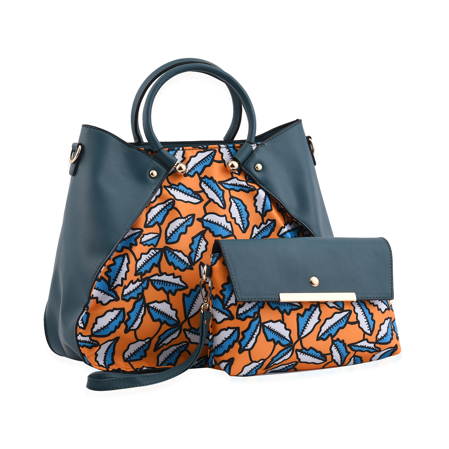 Teal and Yellow Faux Leather Tote Bag and Clutch