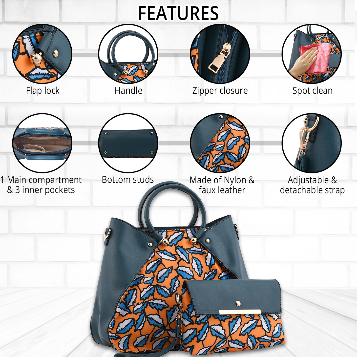 Teal and Yellow Faux Leather Tote Bag and Clutch