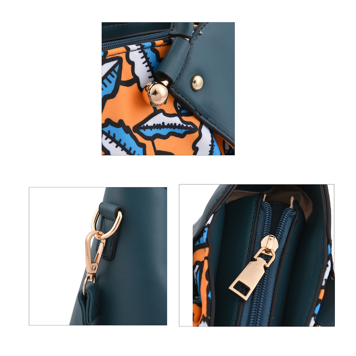 Teal and Yellow Faux Leather Tote Bag and Clutch