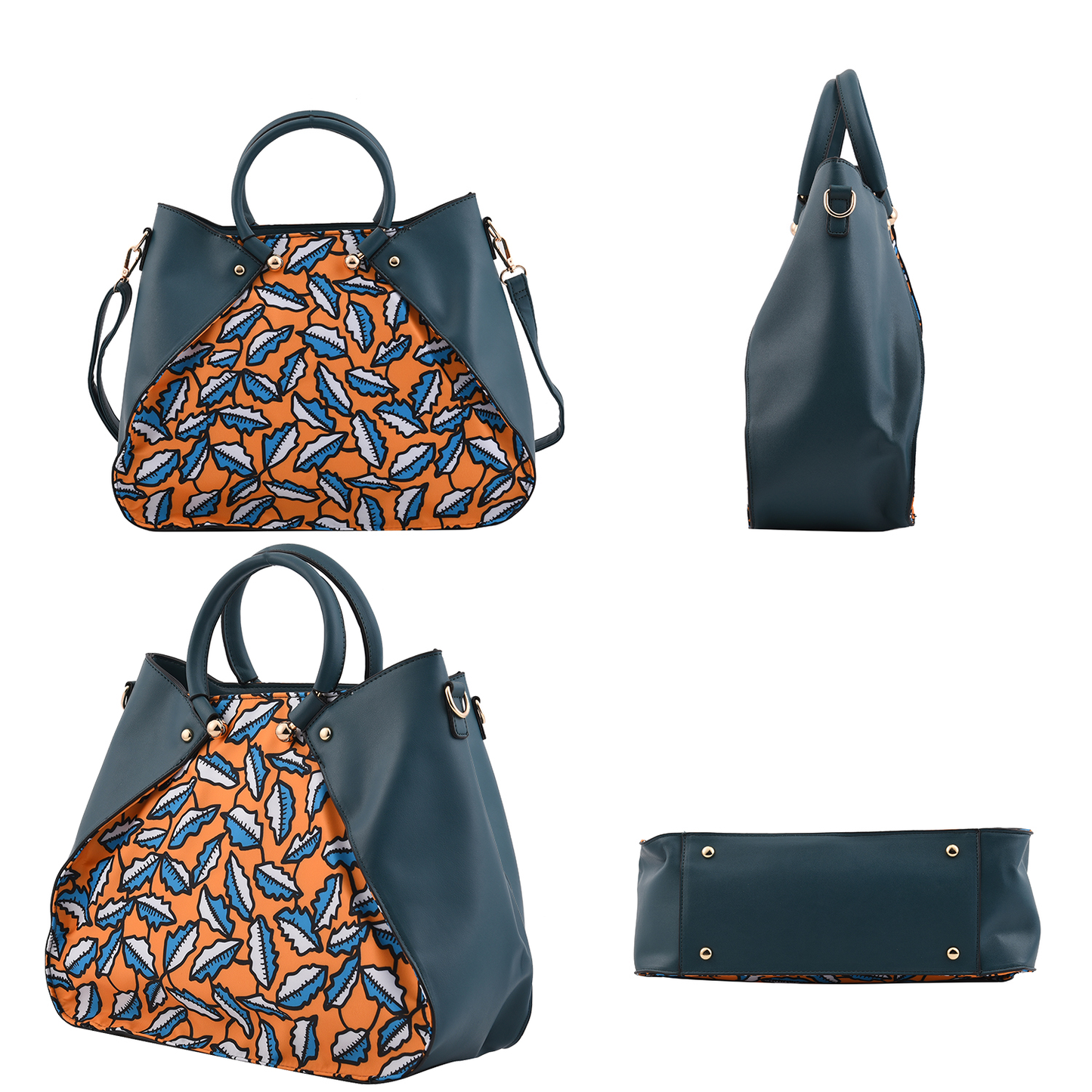 Teal and Yellow Faux Leather Tote Bag and Clutch
