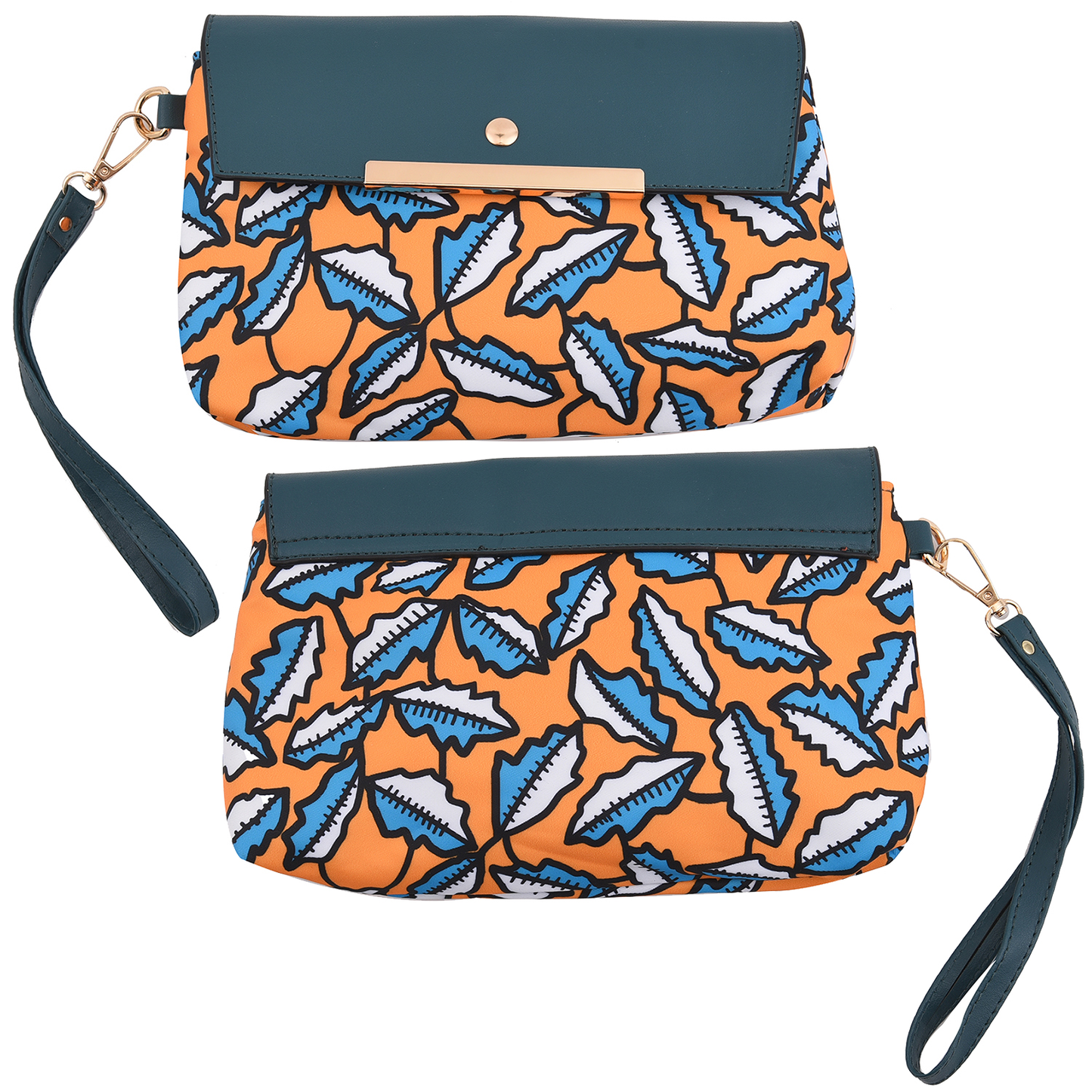 Teal and Yellow Faux Leather Tote Bag and Clutch