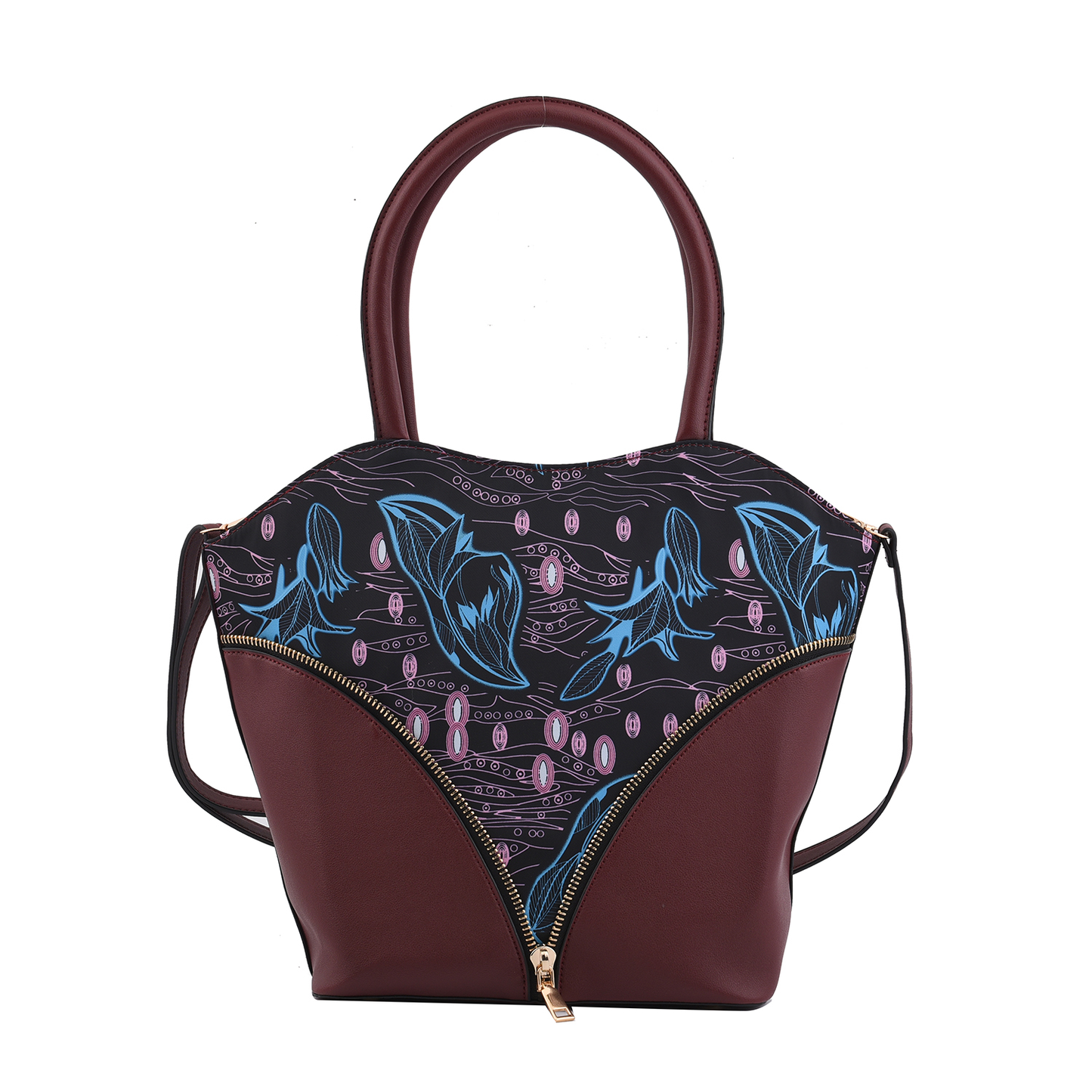 Wine Red and Floral Faux Leather Tote Bag and Clutch