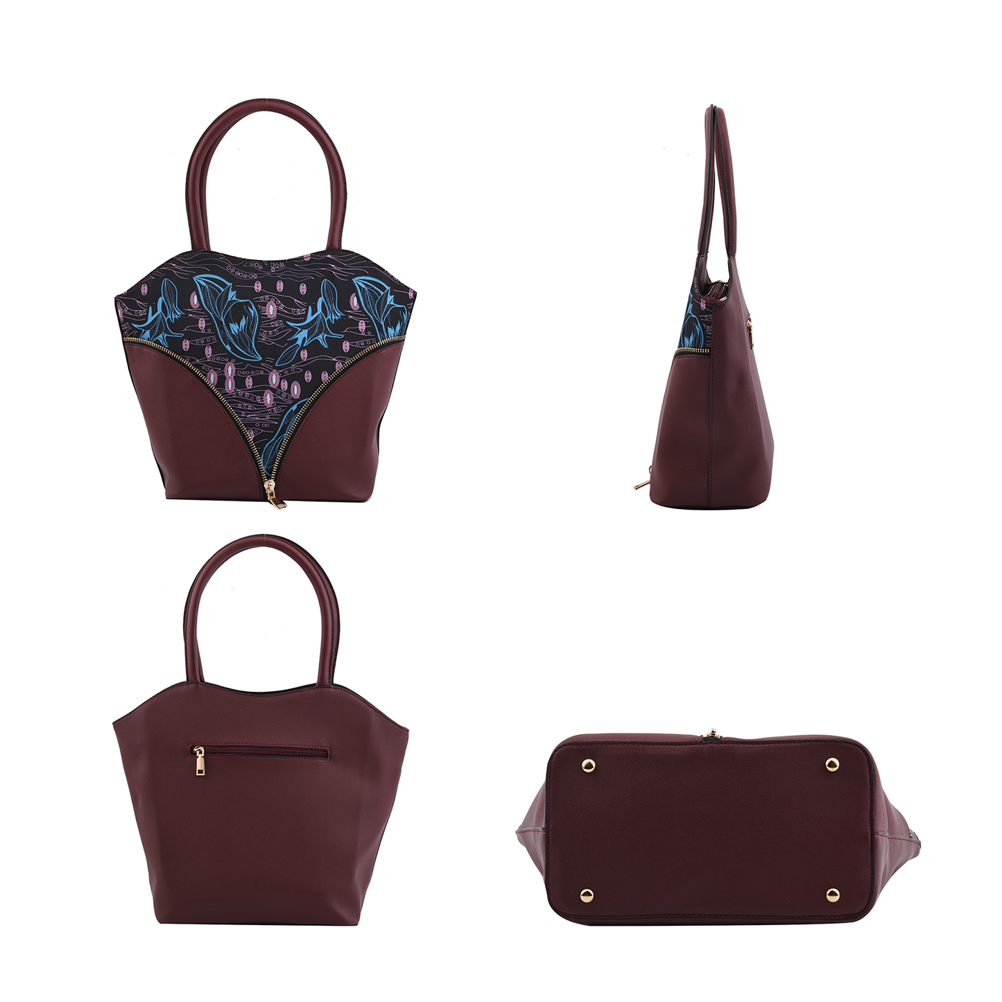 Wine Red and Floral Faux Leather Tote Bag and Clutch