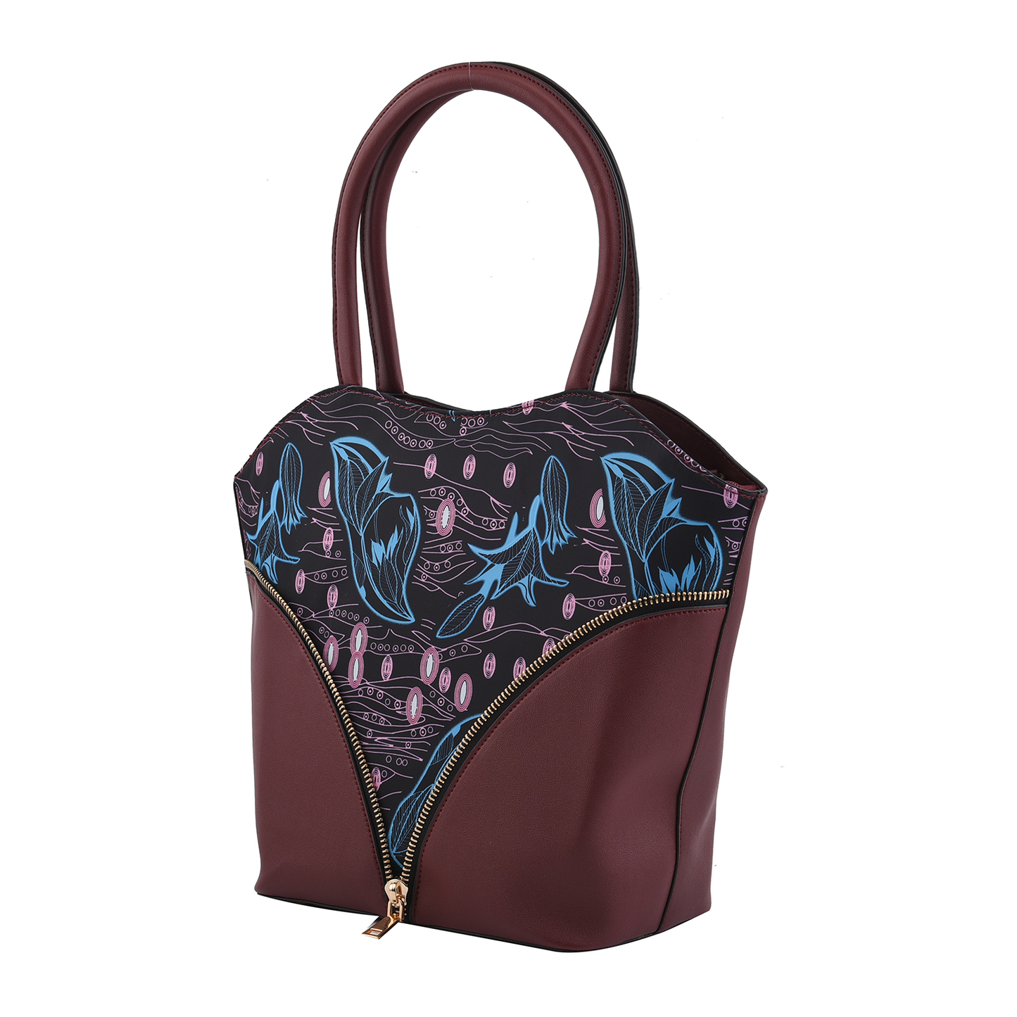 Wine Red and Floral Faux Leather Tote Bag and Clutch