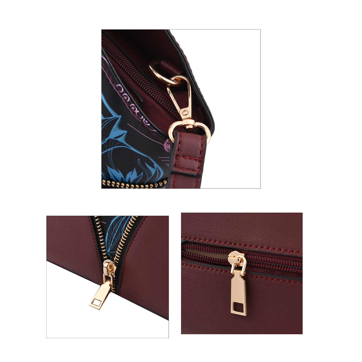Wine Red and Floral Faux Leather Tote Bag and Clutch