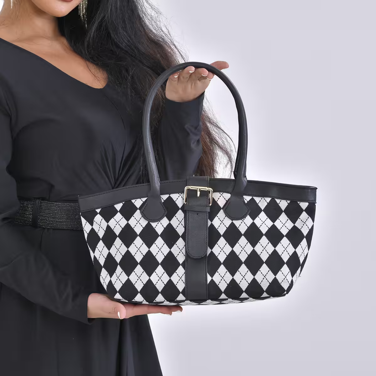 Checkered Pattern Faux Leather Tote