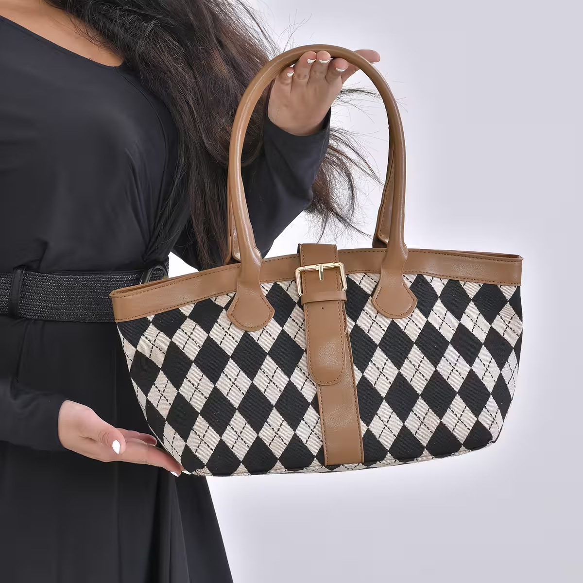 Checkered Pattern Faux Leather Tote