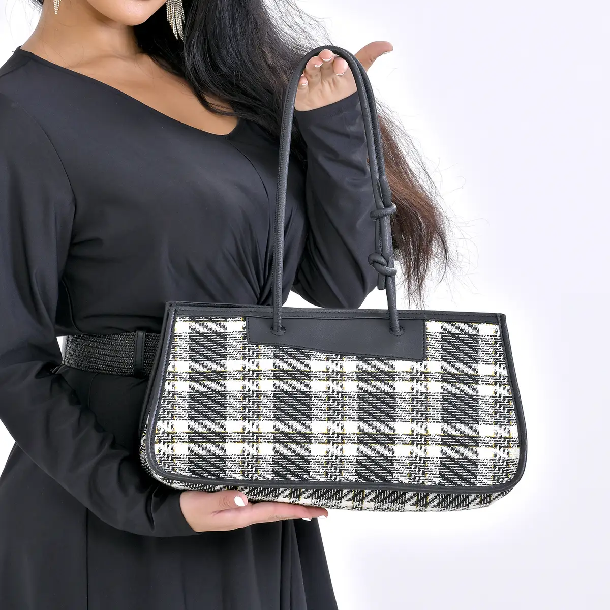 Plaid Pattern Faux Leather Tote & Cosmetic Bag