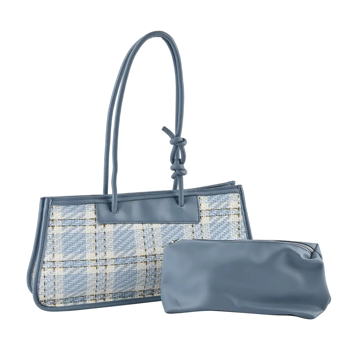 Plaid Pattern Faux Leather Tote & Cosmetic Bag