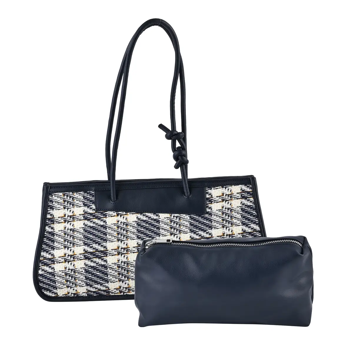 Plaid Pattern Faux Leather Tote & Cosmetic Bag
