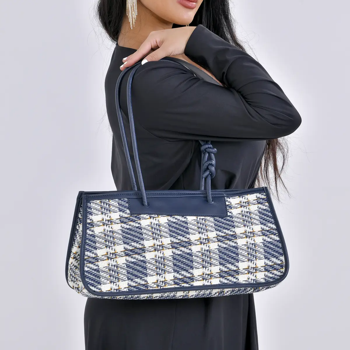 Plaid Pattern Faux Leather Tote & Cosmetic Bag