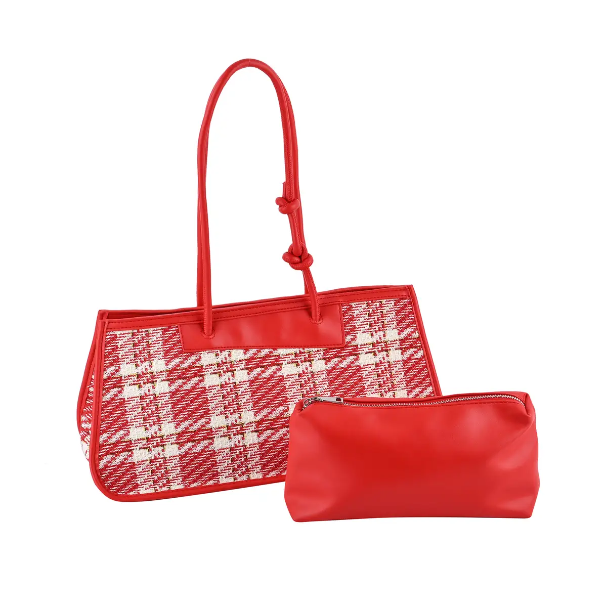 Plaid Pattern Faux Leather Tote & Cosmetic Bag