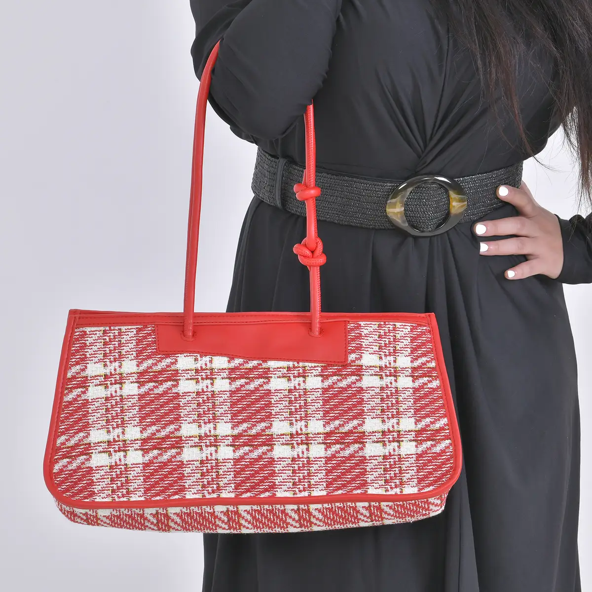 Plaid Pattern Faux Leather Tote & Cosmetic Bag