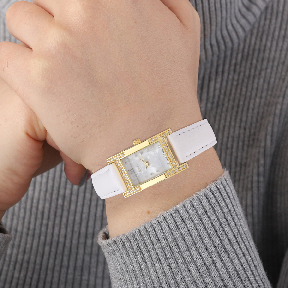Simulated Diamond Watch with White Vegan Leather Strap