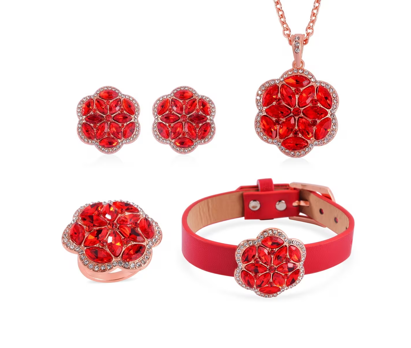 Blossom 4-Piece Crystal Jewelry Set - Necklace, Bracelet, Earrings & Ring