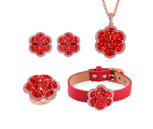 Blossom 4-Piece Crystal Jewelry Set - Necklace, Bracelet, Earrings & Ring