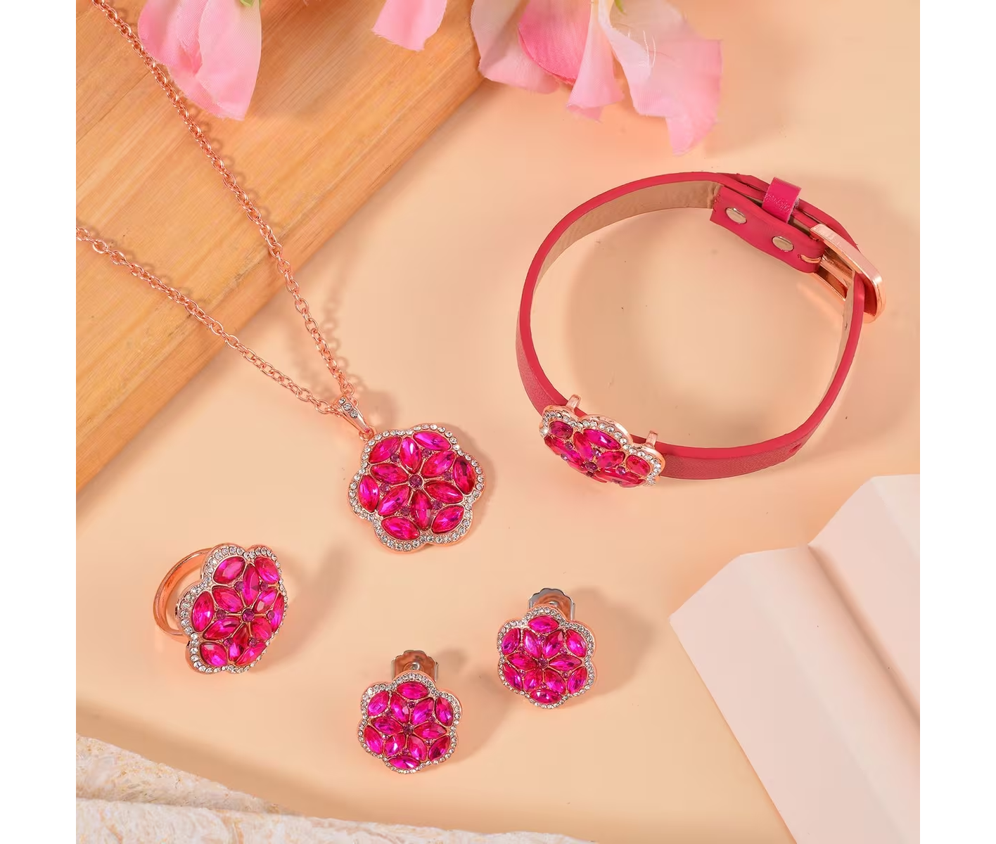Blossom 4-Piece Crystal Jewelry Set - Necklace, Bracelet, Earrings & Ring