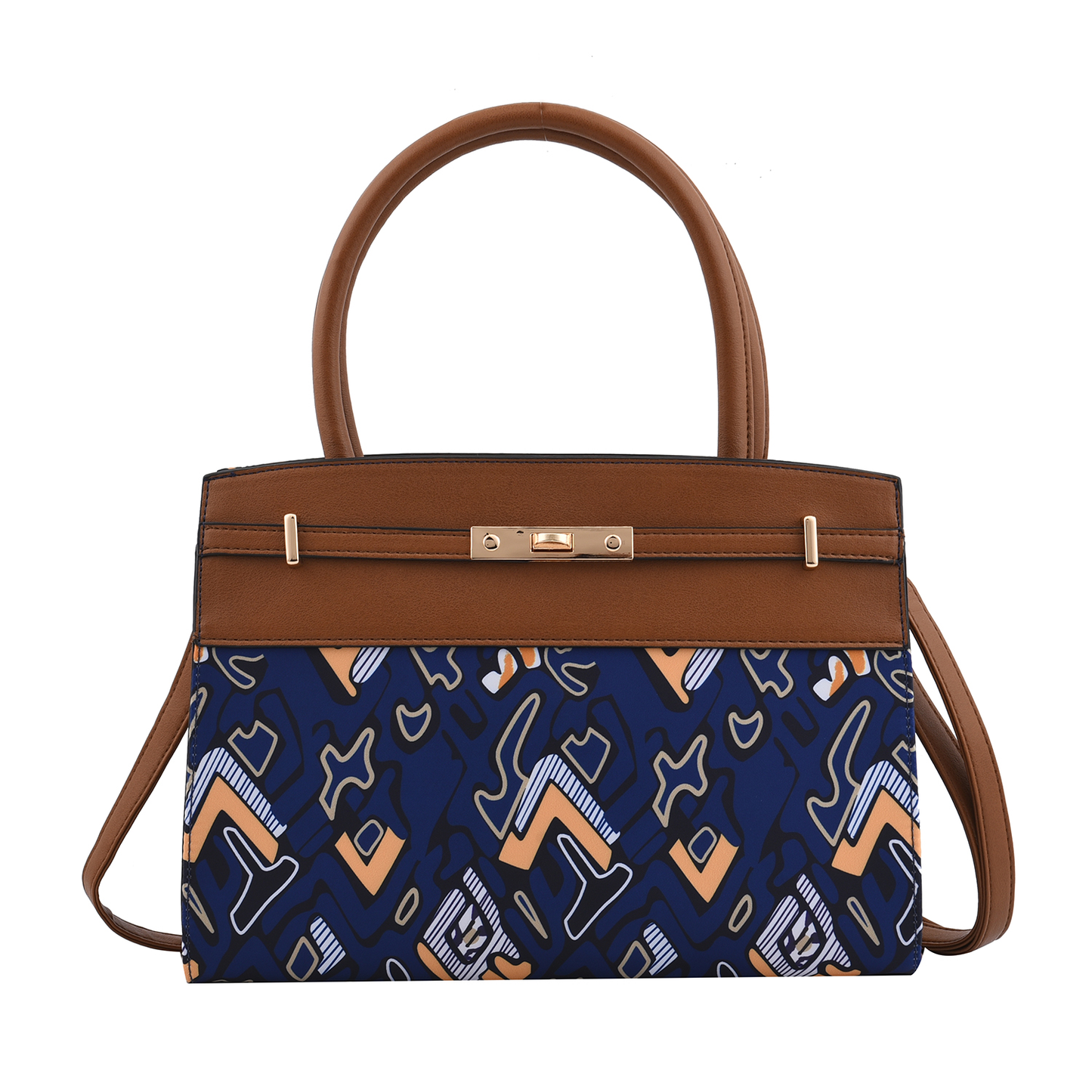 Brown and Blue Faux Leather Tote Bag and Clutch