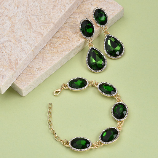 Simulated Diopside and Austrian Crystal Link Bracelet (7.0-9.0In) and Earrings