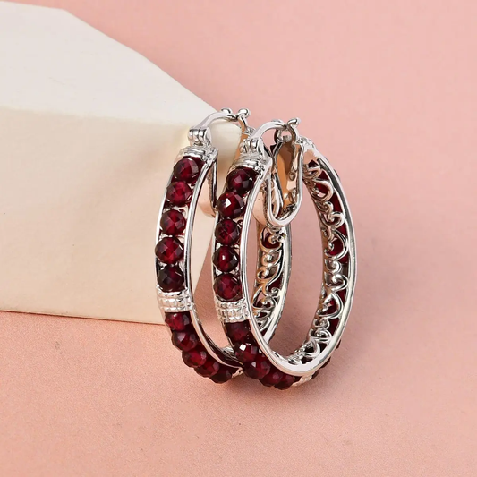 Mozambique Garnet Hoop Earrings in Platinum